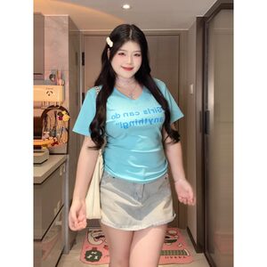 
Large size American letters printed right shoulder short-sleeved T-shirt for women 2026 summer slim fit and versatile slimming top for fat mm