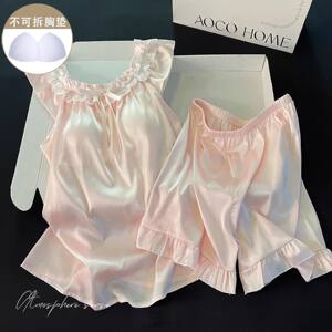 
2025 new camisole with chest pads, ice silk pajamas for girls, sexy summer Japanese home wear two-piece suit