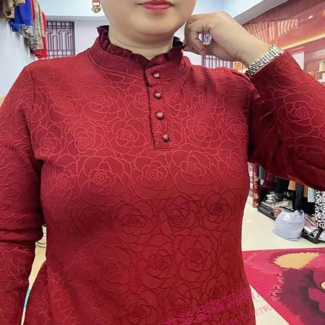 Dark pattern jacquard lace collar plus velvet warm shirt for women autumn and winter new style versatile long-sleeved bottoming shirt