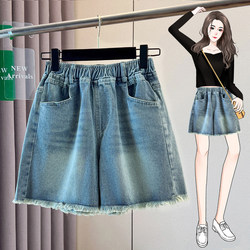 Plus Size Women's Summer Vintage Frayed Denim Shorts with Elastic Waist, Loose Fit, High Waist, A-Line Wide Leg Shorts