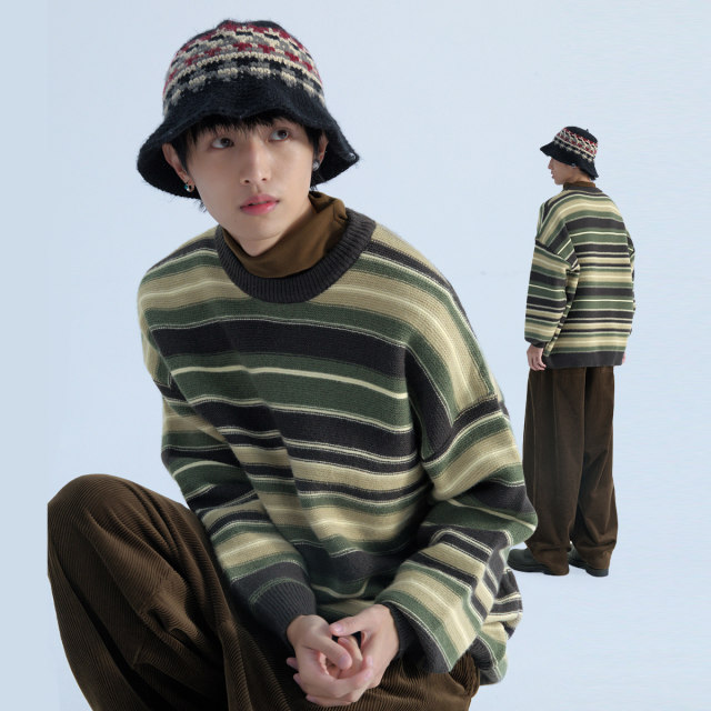MENTMATE 24AW autumn and winter retro cream color stripes round neck sweater men and women casual sweater tops