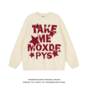 
Wukong has in stock trendy American couple letter sweaters for men in autumn and winter soft and waxy lazy style mohair sweater tops