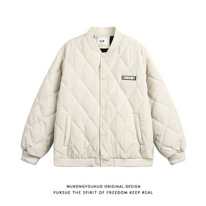 Wukong has a product retro winter diamond plaid baseball uniform cotton jacket men's trendy brand loose couple warm versatile cotton jacket
