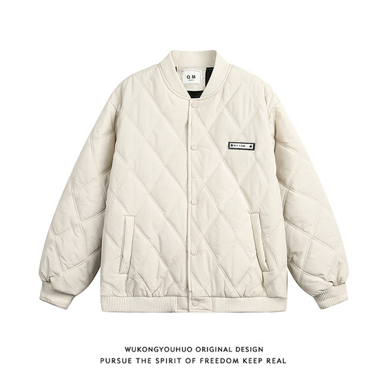 Wukong has a product retro winter diamond plaid baseball uniform cotton jacket men's trendy brand loose couple warm versatile cotton jacket
