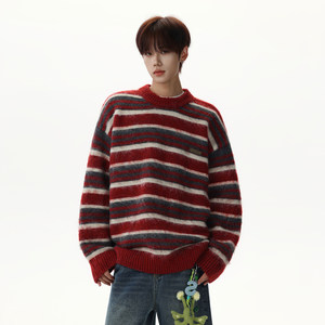 
Wukong is in stock American retro mohair striped contrasting round neck sweaters for men and women loose casual sweaters for couples
