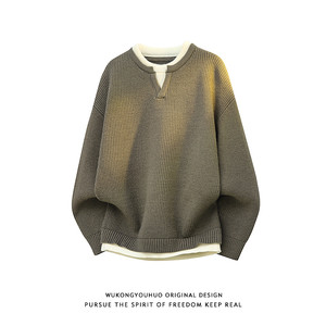 
Wukong is in stock Japanese retro fake two-piece spliced round neck sweaters for men and women in autumn loose casual sweaters for couples
