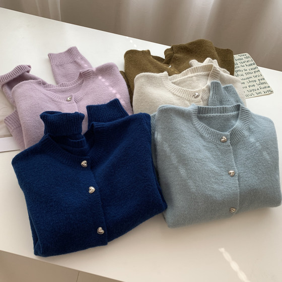 
Korean version of simple round neck solid color cardigan sweater for women loose slim short knitted sweater top coat 2024 autumn and winter
