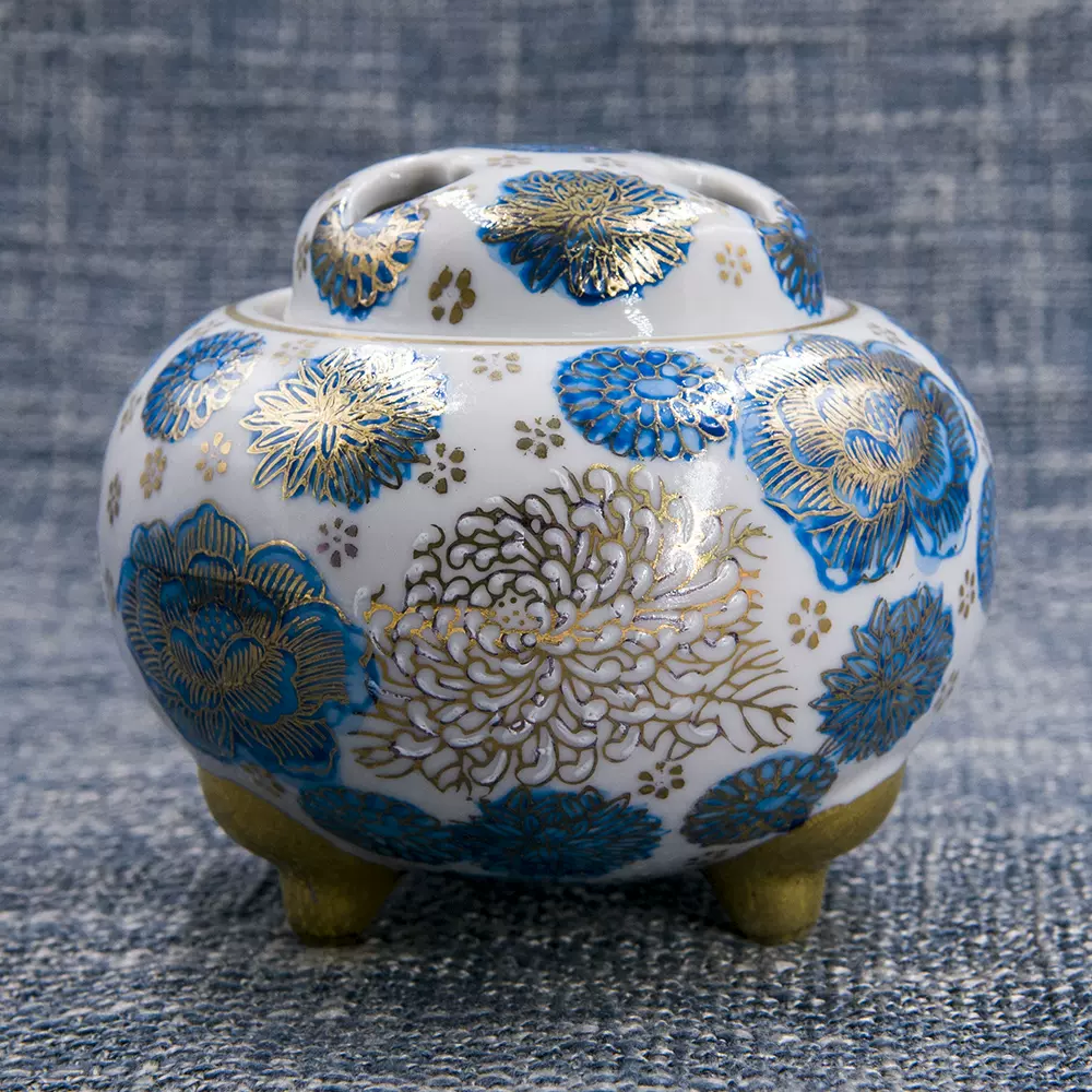 日本香堂九谷烧香炉青花诘香炉菊花和牡丹香薰室内香熏盘香陶瓷