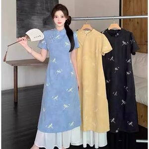 
Large size national style new Chinese dress women's summer high-end chiffon cheongsam skirt fat MM belly-covering slimming skirt