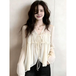 French-Style Lazy Chic Ruffled Tie-Up Chiffon Blouse for Women, Spring Clothing, Plus Size, Unique and Beautiful French-Style Small Shirt