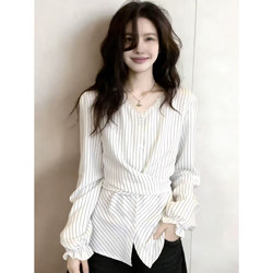 Casual V-Neck Color-Block Striped Waist-Cinching Shirt for Women, Spring Plus-Size Unique Trendy Niche Versatile Shirt