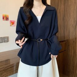 Casual Style Lapel Color-Blocked Lace-Up Faux Two-Piece Shirt for Women, Spring Plus Size, Versatile, Elegant, Slimming Top for Chubby Girls