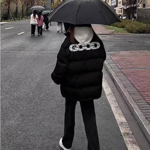 
Trendy brand letter silicone printed hot diamond stand-up collar cotton jacket for men and women new winter style lazy style loose couple jacket trend