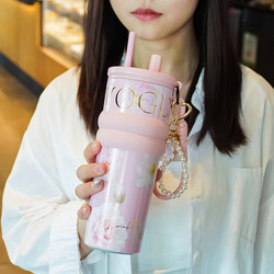 Straw Insulated Cup, Large Capacity, High Aesthetic Appeal for Women, 2025 New Model, Portable Cup for Outings, Car-Mounted Ceramic Water Cup for Women