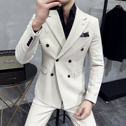 Commuting Simple Business Casual Double-Breasted Suit Set with a High-End Feel for Groomsmen and Best Men, Slim-Fit Men's Suit