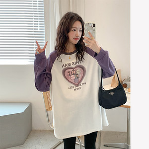 
Maternity tops spring and autumn new style color-blocked raglan long-sleeved T-shirt round neck loose large size belly-covering bottoming shirt trendy mom