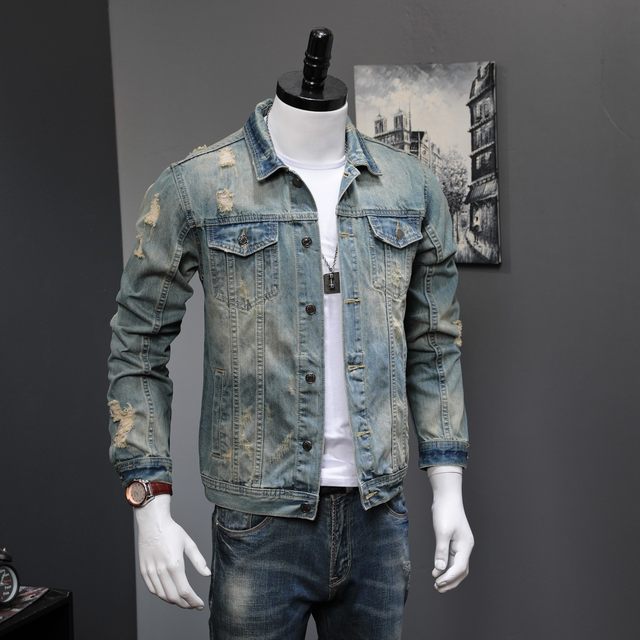 Spring and autumn retro ripped handsome denim jacket men's slim-fit ...