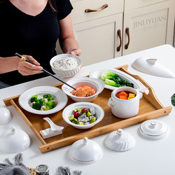 Ceramic Postpartum Care Center Tableware, Hospital Soup Bowl for One Person, Sanitary Postpartum Bowl with Lid, Wooden Tray Set