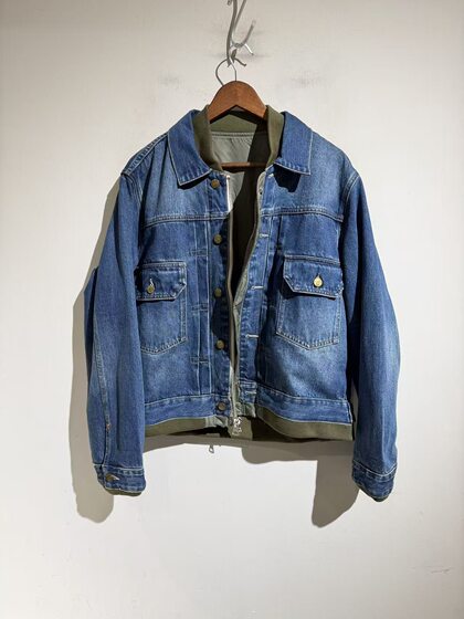 
Niche benchmark trendy heavy industry splicing work pocket double-sided casual loose lapel denim jacket for men