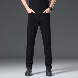 
Spring and Autumn High Elastic Spring Black Jeans Men's Net Black Slim Pints Plus Fat Plus Size Casual Pure Black Long Pants
