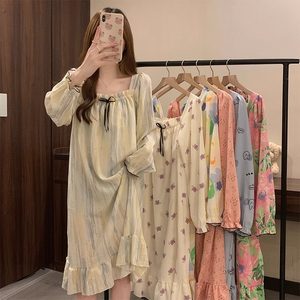 
Japanese purchasing agent princess style women's woven cotton spring and autumn long sleeves chest pad sweet mid-length home clothes nightgown