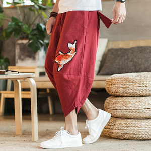 
Linen cropped pants men's Chinese style loose thin wide leg cropped pants youth summer large size cotton and linen casual shorts