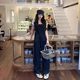 Retro embroidered denim overalls for women in spring and summer new American high-waisted slimming loose straight wide-leg floor-slimming pants