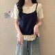 Large size high-end slinging suspender splicing fake two-piece short-sleeved T-shirt for women in summer fat MM covering belly to make them look slim and ruffled top
