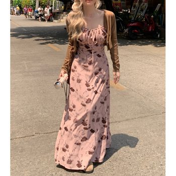 Fat mm temperament gentle lady lace-up printed suspender dress for women in summer new style high-looking white high-end long skirt