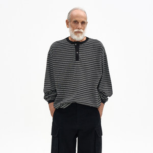 
Retro striped Henry collar long-sleeved T-shirt Korean genuine PARTIMENTO casual ribbed edge top for men