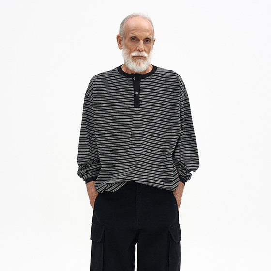 
Retro striped Henry collar long-sleeved T-shirt Korean genuine PARTIMENTO casual ribbed edge top for men