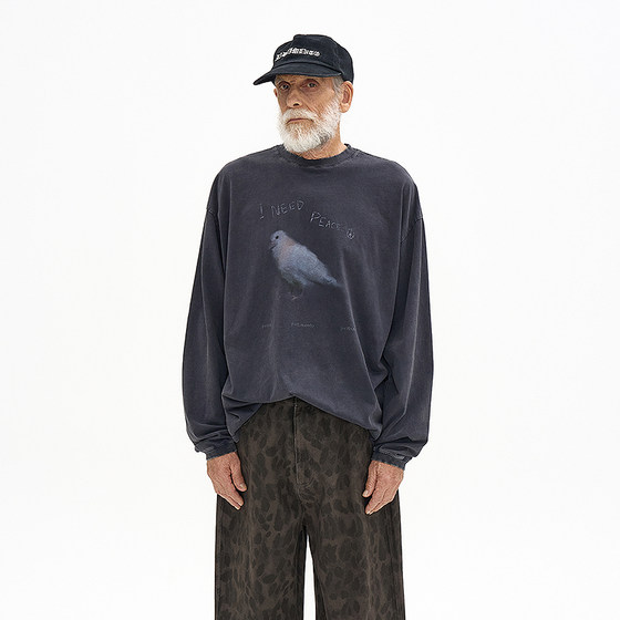 
Washed distressed peace dove print T-shirt Korean genuine PARTIMENTO retro cotton long-sleeved top for men