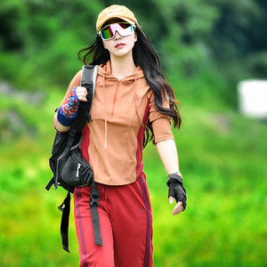 
Beijing Forest Outdoor Original Hooded Color Matching Sports Running Four-Way Elastic Quick-Drying Breathable Long-Sleeve T-Shirt Women's
