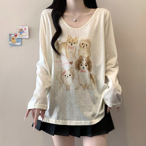 
MM Xiejia 2026 new summer round neck cartoon puppy print long-sleeved popular sun protection T-shirt top loose