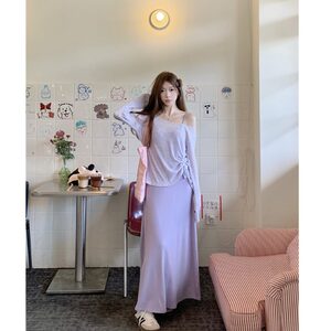 
MM Xiejia plus size women's purple suspender dress thin leaky shoulder sun protection blouse two-piece set women's design sense