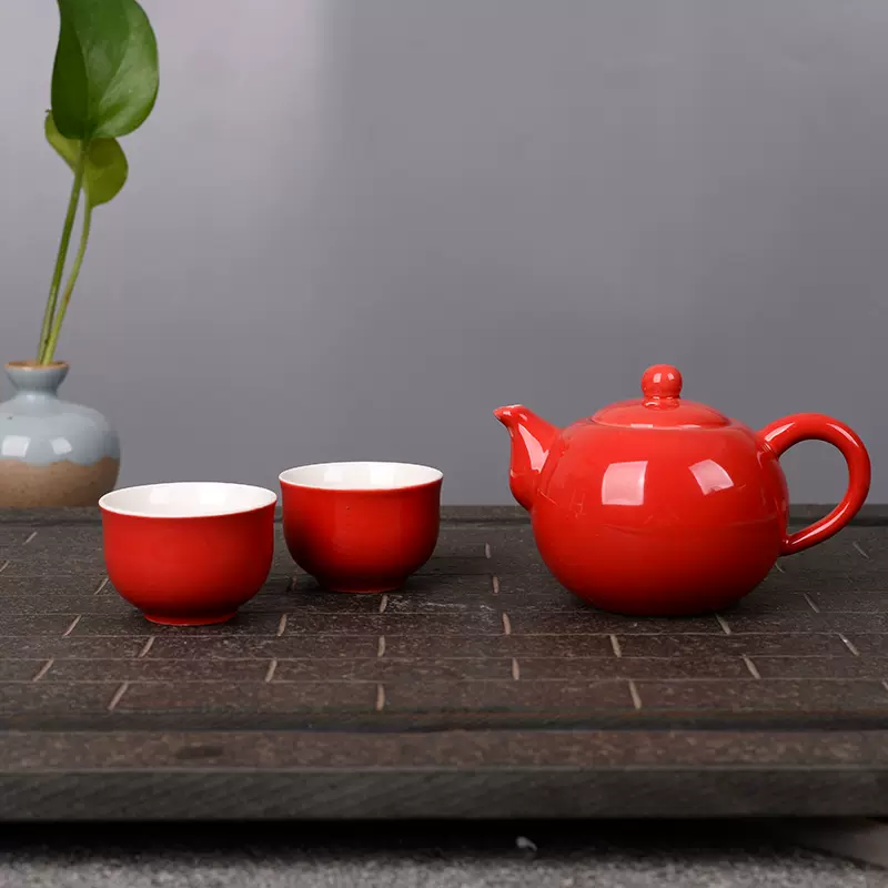 茶壺紅色純色茶壺功夫茶具茶道配件中國紅金龍茶具套組喜慶茶壺