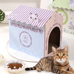 Pet cat cardboard house with cat scratching board, integrated cat nest box, creative cartoon cardboard house, corrugated paper house, cat sleeping nest