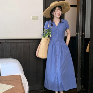 
Fortunately, Palermo Poet Small French retro Brussian blue V-neck shirt dress new summer style