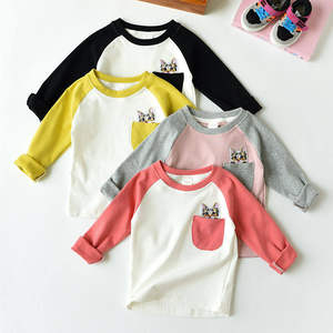 
Special children's pure cotton long-sleeved T-shirt, cat pocket bottoming shirt, contrasting color raglan sleeves for boys and girls, autumn clothing