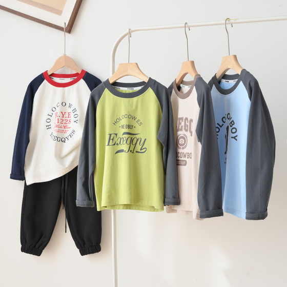 
86260 170 size medium-sized children's pure cotton base shirt for boys and girls' letters round neck long sleeve T-shirt spring and autumn style