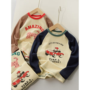 
85237 Children's pure cotton cartoon T-shirt, boys' round neck long-sleeved bottoming shirt, children's clothing, spring and autumn