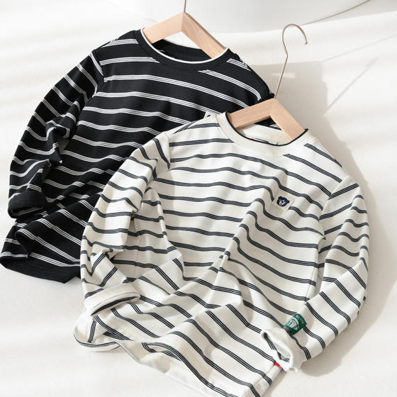 Special children's striped bottoming shirt, long-sleeved T-shirt for boys and girls, medium and large children's 170 round neck top, spring and autumn style