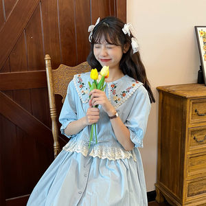 
Summer forest-style gentle water heart light blue waist-hugging dress retro flower embroidered doll skirt slim long skirt