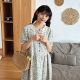 Forest summer pastoral style blue floral short-sleeved dress retro lace lace doll collar sweet long skirt