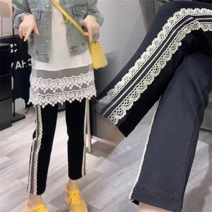 
European twill stretch lace spliced straight pants for women Xia Xin high-waisted pencil pants eight-point leggings with temperament