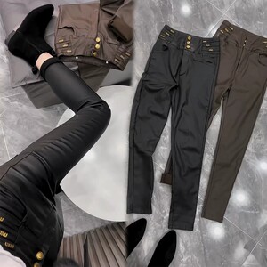 
European matte coated straight pants for women winter new high-waist elastic fashion high-end metal buckle leather pencil pants trendy