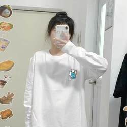 White Long-Sleeve T-Shirt for Women 2024 New Style Pure Round Neck Inner Wear Top Couple Print Spring and Autumn Loose Base Shirt