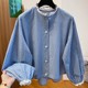Blue small plaid shirt for women 2025 spring new loose short lace lace design lantern sleeve top