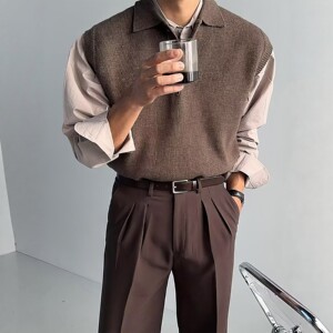 
Lapel sweater vest men's spring and autumn Maillard style waistcoat sleeveless sweater trendy layered POLO collar vest