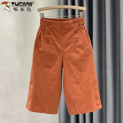 Woodpecker Summer Thin Casual Work Shorts for Women 2026 New Pure Cotton Outerwear Women's Cropped Wide-Leg Pants